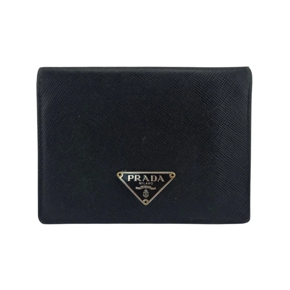 Prada Saffiano Leather Bifold Card Holder Wallet Black Triangle Logo ID Window
